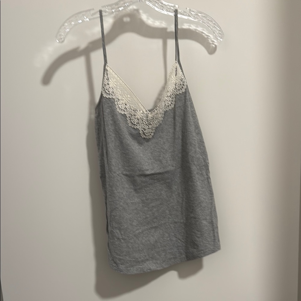 Ann Taylor Loft Gray with Cream Lace Trim Women's Top